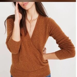 Madewell Brown Knit Faux Wrap V Neck Long Sleeve Sweater Size Small Wool Alpaca